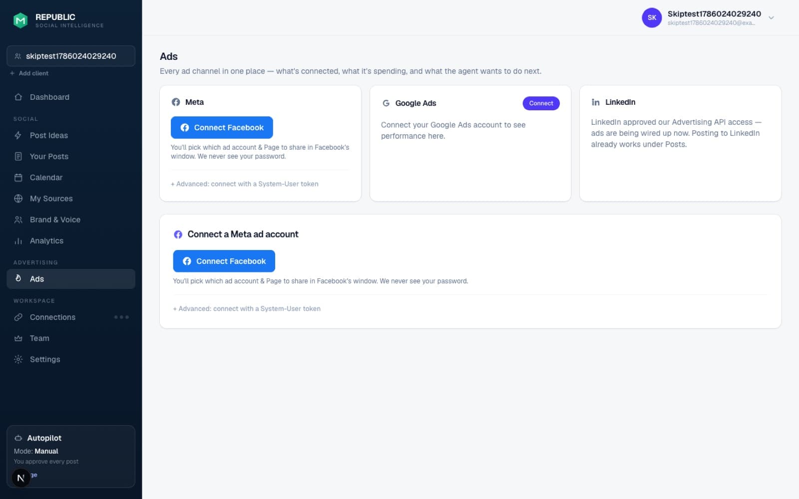 The Ads page: one tile per channel — Meta, Google Ads, LinkedIn — with connection state, budgets, and spend